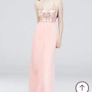 David's Bridal romantic sequin bodice v-neck gown with sheer mesh skirt